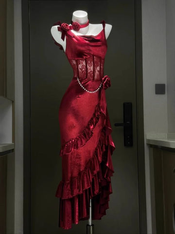 Sexy Burgundy Sheath Straps Layered Satin Prom Dress Party Dress with Slit HZ1023